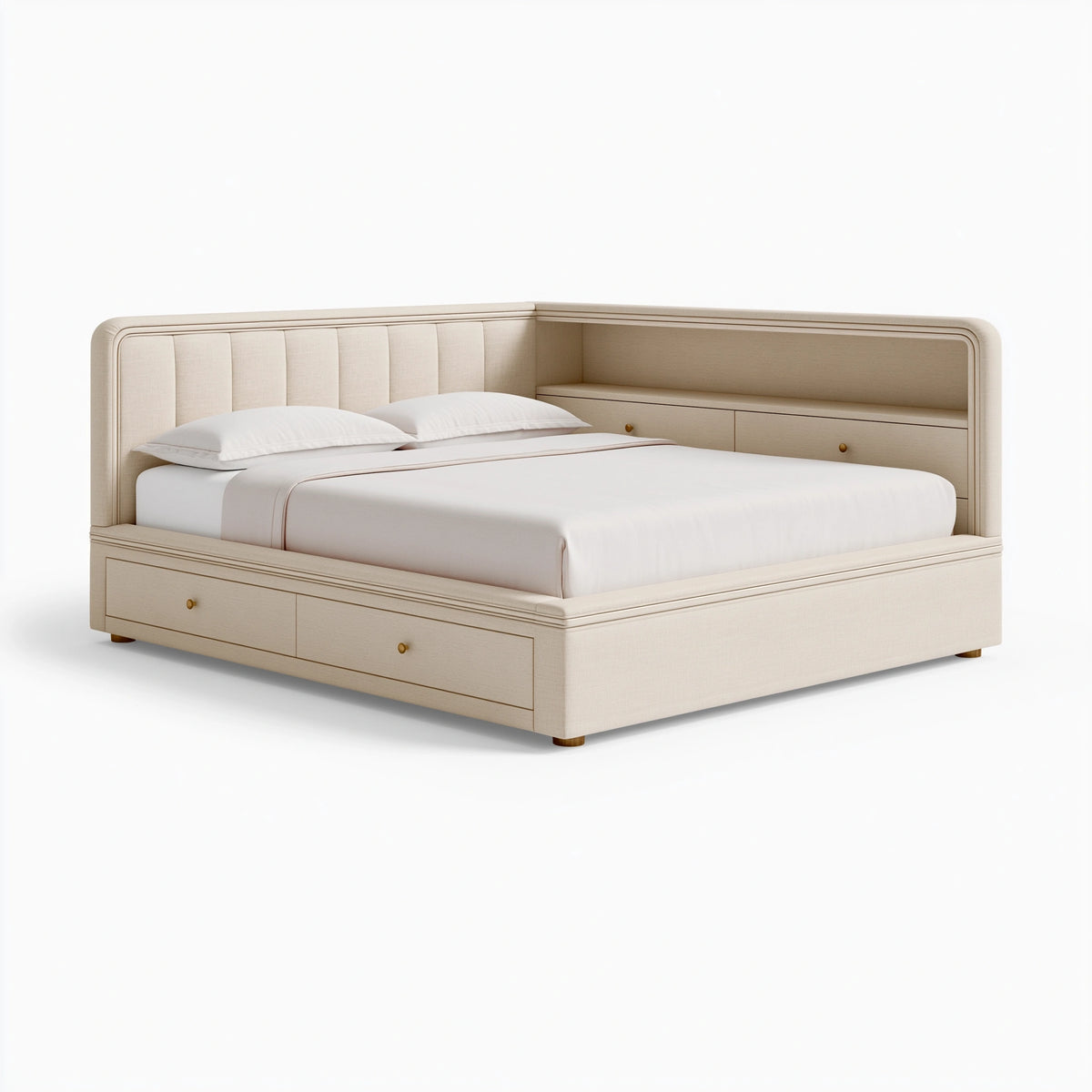 Stauraumbett 160 x 200 cm in Beige mit Textilbezug und Schubladen