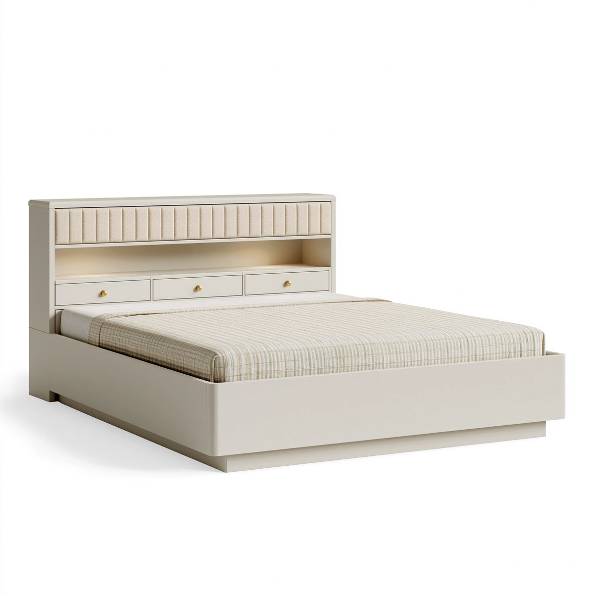 Stauraumbett 160 x 200 cm Holzwerkstoff Creme mit gepolstertem Kopfteil und Schubladen