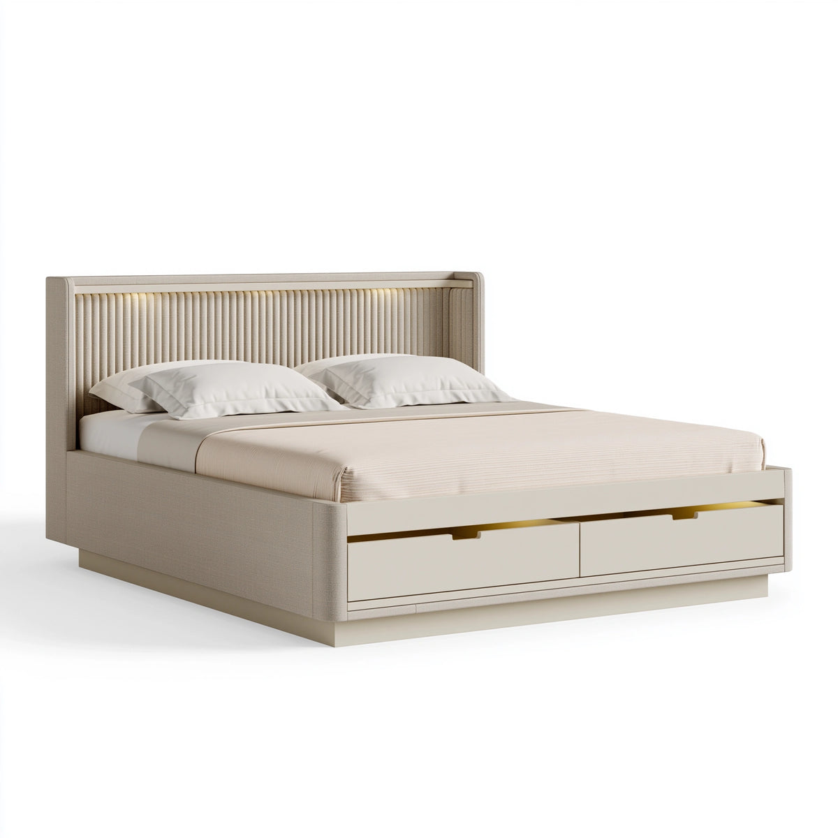 Stauraumbett 160 x 200 cm Beige Stoffbezug mit 2 Schubladen gepolstertes Kopfteil