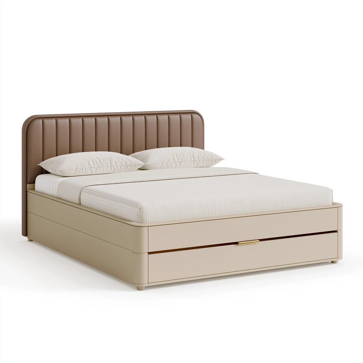 Stauraumbett 160 x 200 cm Kunstleder Taupe - gepolstertes Kopfteil mit Schublade