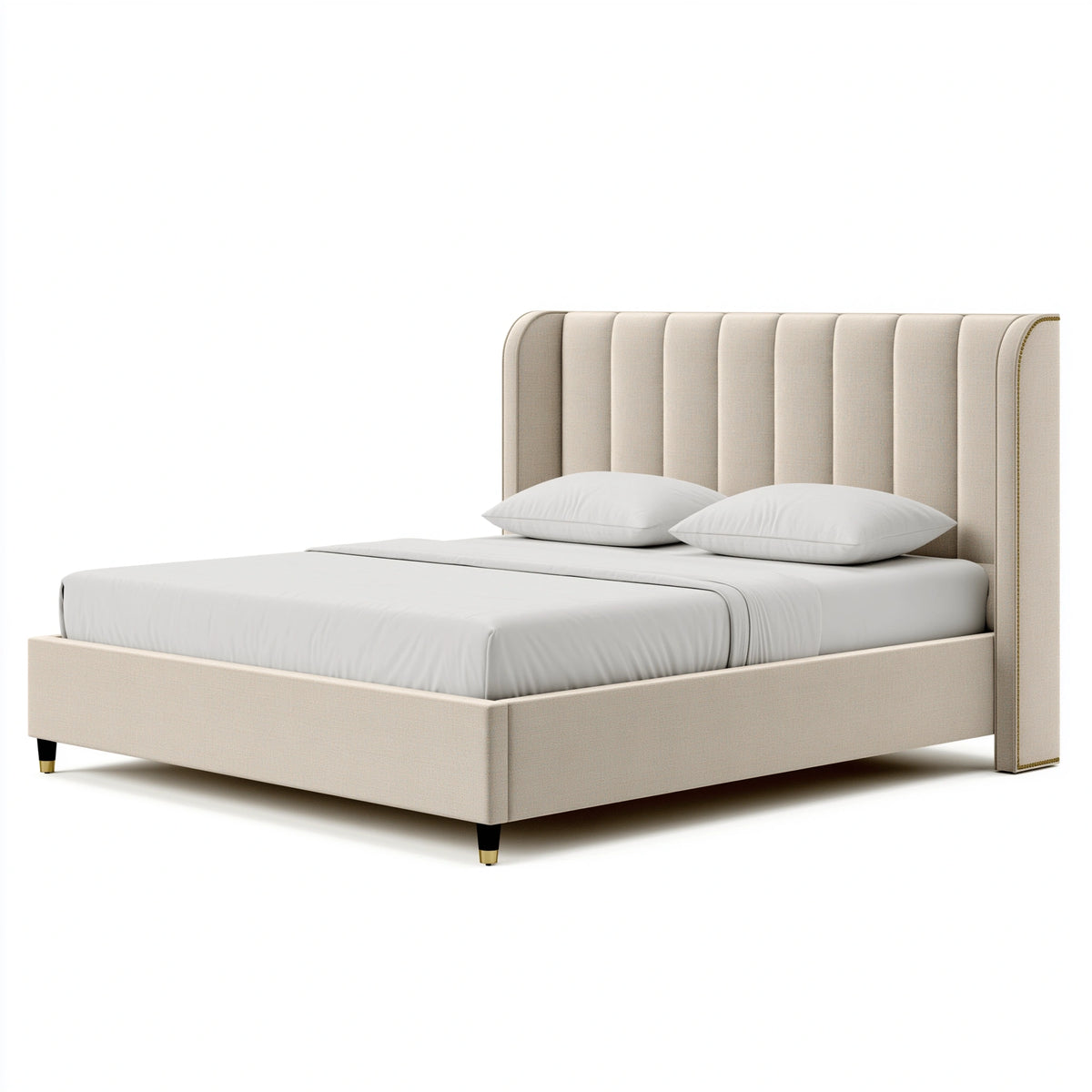 Polsterbett 180 x 200 cm Beige Textilbezug mit gepolstertem Kopfteil